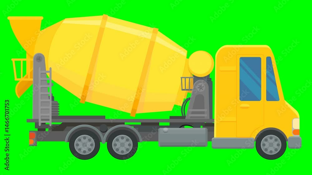 Side view animation loop of a concrete mixer truck running in flat design style on green screen with alpha channel
