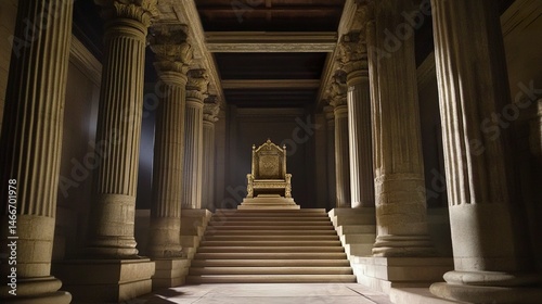 Grand throne room with ornate stone pillars and a carved throne atop broad steps, dim light creates a solemn ambiance, cinematic wide-angle framing highlights the vast space.  