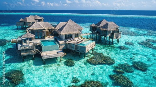 Tropical overwater bungalows with private pools in turquoise waters.