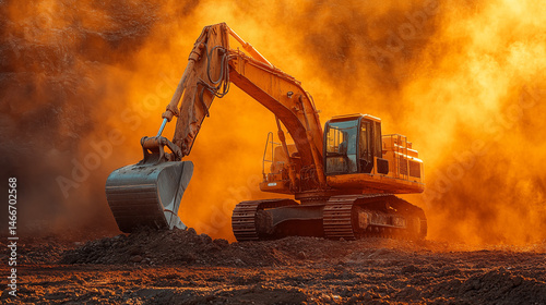 Excavator working in dusty orange environment, heavy machinery for construction and mining industry concept