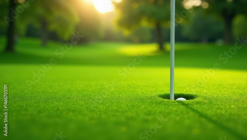 Close-up view of a manicured golf putting green with flagstick , surface, professional