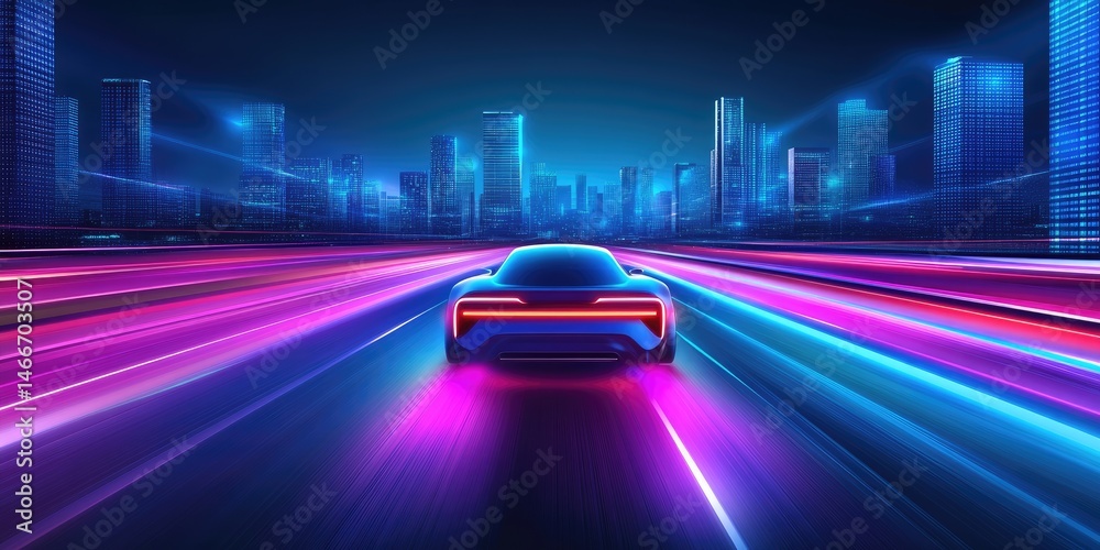 Fototapeta premium Neon Ride Car speeding through a futuristic city at night.