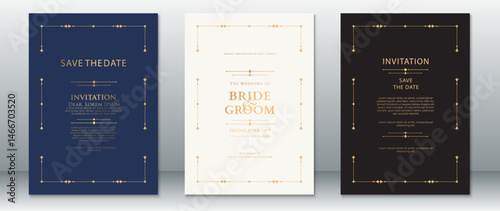 Elegant Wedding Invitation Set with Gold Ornaments on Blue, White, and Black Backgrounds