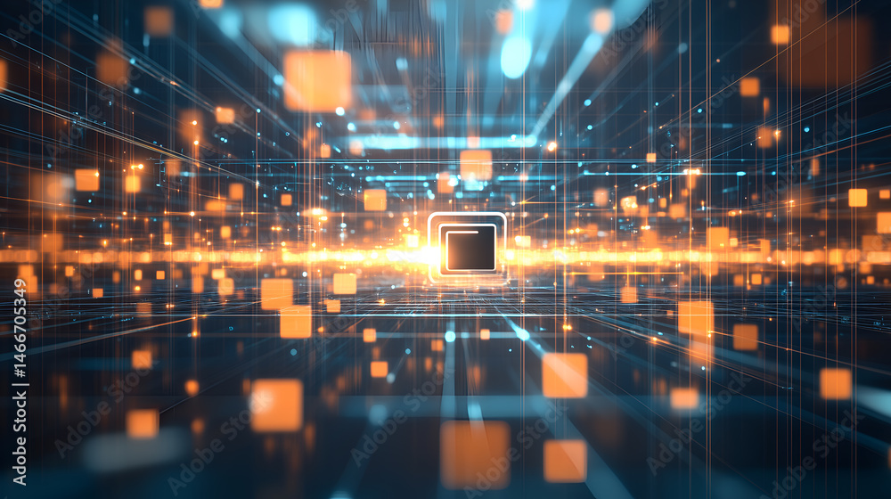 Obraz premium An abstract digital representation of network, with data flowing. The scene is filled with bright lines and data points, evoking a sense of technological advancement and connectivity