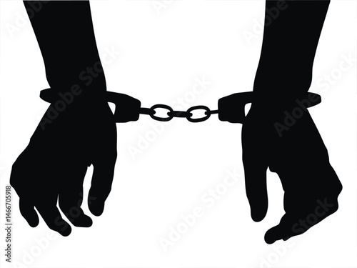 Handcuff hands silhouette vector, A pair of hands chained with handcuff to a chain and a text words freedom, vector silhouette illustration