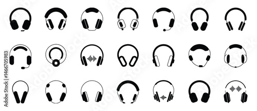 Black headphone icons set featuring headset, earphone, and sound symbols, perfect for mobile apps, websites, and audio-focused design projects

