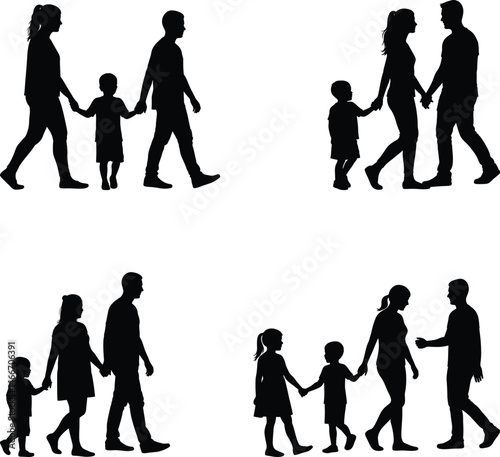 Black and white vector silhouette of a young happy family walking together with a child holding hands with both parents. Isolated young man and woman silhouettes illustration on white background.