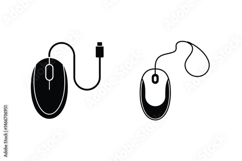 Black and white computer mouse icon illustration with usb connector and cable design