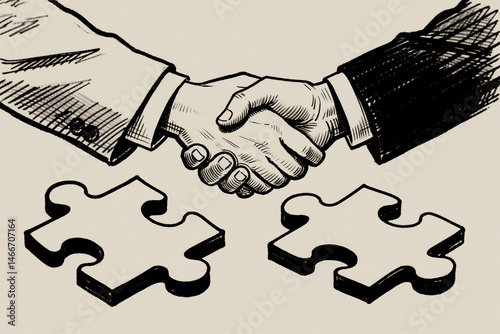 Handshake business concept illustrating partnership cooperation agreement solution and teamwork with puzzle pieces