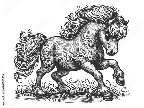 chubby pony with detailed linework, showcasing its playful and cute appearance sketch engraving generative ai vector illustration. Scratch board imitation. Black and white image.