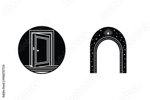 Elegant black and white symbolic illustrations of doors and celestial archways