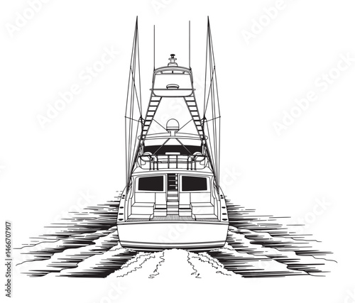 Line Art Illustration of a Luxury Sport Fishing Yacht at Sea