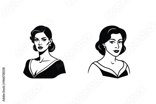 Stylish elegant women in black and white vector portraits with classic beauty