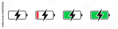 Charging icon. Battery charge vector set. Charging empty battery to full sign. Low power level recharge to full. Isolated battery set.