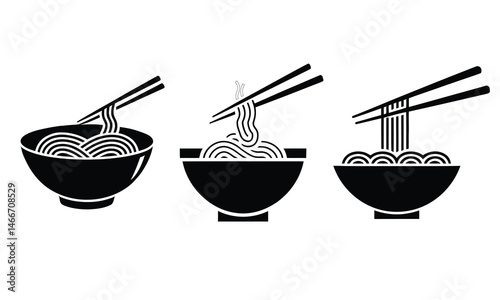 Noodle Bowl Icons with Chopsticks in Black and White Silhouette Style Vector Illustration
