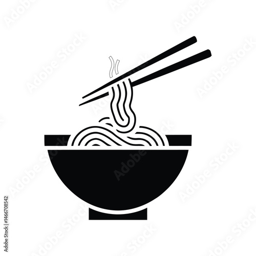 Noodle Bowl Icon with Chopsticks in Black and White Silhouette Style Vector Illustration
