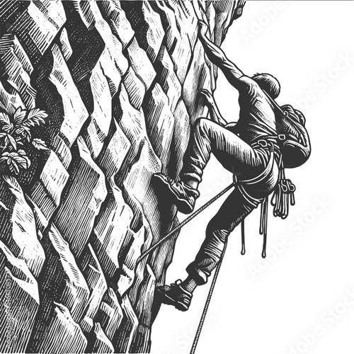 muscular man alpinist rock climbing on a steep cliff, gripping rugged rocks with determination and strength sketch engraving generative ai vector illustration. Scratch board. Black and white image.