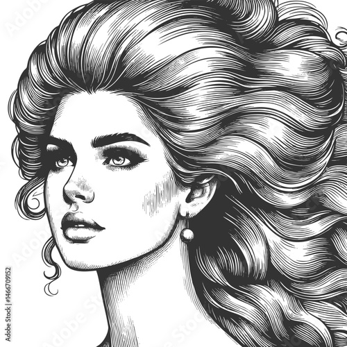 woman with an enormous, intricately curled hairstyle, blending surrealism, elegance, and vintage artistic style sketch engraving generative ai vector illustration. Scratch board. Black and white image