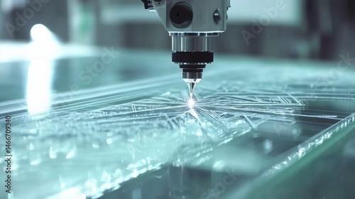 Laser cutting machine precisely engraving intricate design on glass surface close up industrial process technology