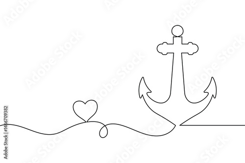 Ship anchor continuous one line drawing and vector illustration