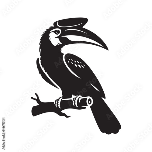 Hornbill Vector Silhouette, Exotic Tropical Bird Design, Majestic Avian Outline, Nature-Inspired Wildlife Art, Distinctive Beak Illustration, Jungle Icon.