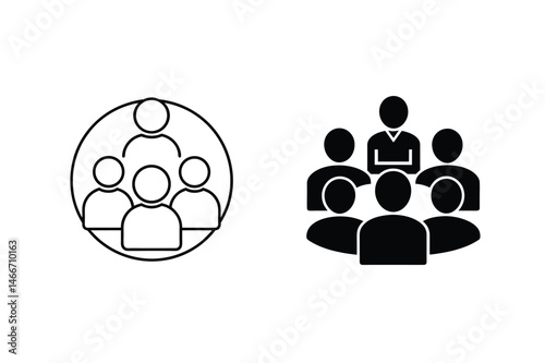 Two simple vector illustrations representing teamwork collaboration and a business team meeting with individuals
