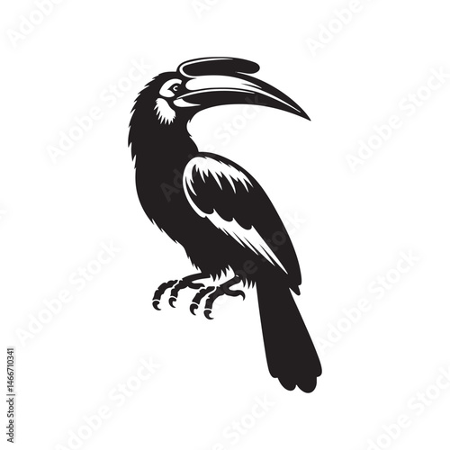 Hornbill Vector Silhouette, Exotic Tropical Bird Design, Majestic Avian Outline, Nature-Inspired Wildlife Art, Distinctive Beak Illustration, Jungle Icon.