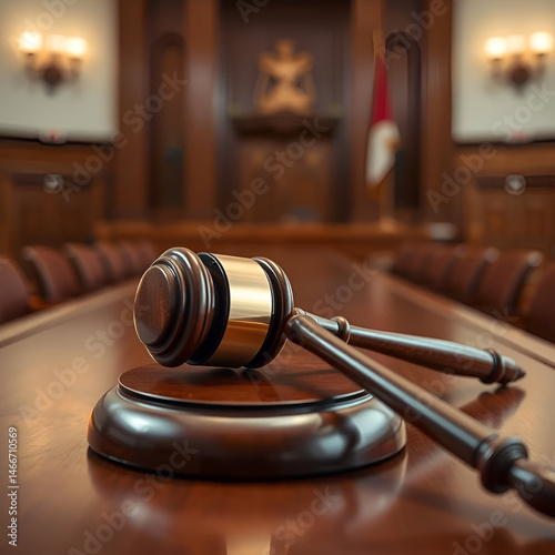 Gavel rests on a wooden table in a courtroom.