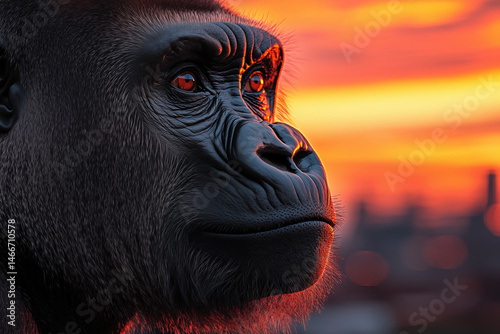 A Gorilla’s Calm Gaze in the Golden Sunrise – Portrait of Strength and Serenity in the Wild.