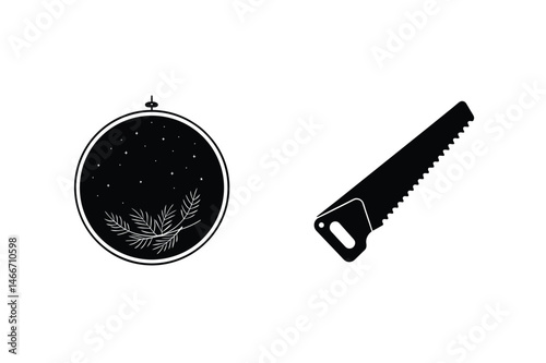 Black and white vector illustration of an embroidery hoop and a saw on a white background.