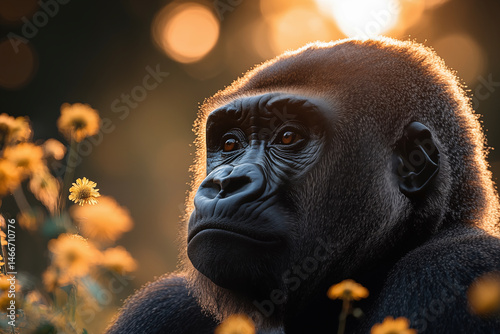 A Gorilla’s Calm Gaze in the Golden Sunrise – Portrait of Strength and Serenity in the Wild.