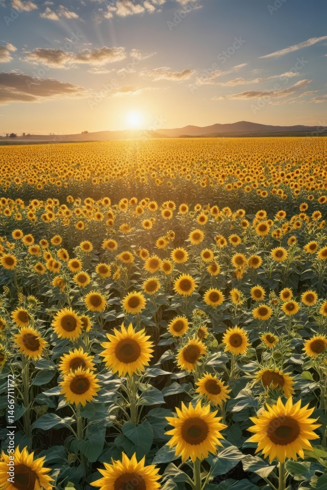Fototapeta premium Vast sunflower field, blossoms facing sunlight , yellow, summer, photography