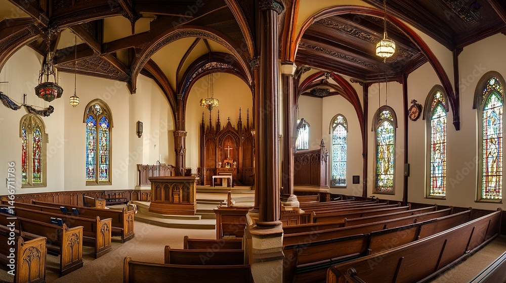 Fototapeta premium Interior of an old church, soft natural light streams through stained glass, highlighting ornate wood carvings and weathered stone columns, panoramic shot captures timeless elegance.