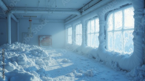 Indoor space covered in snow