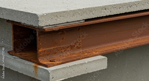 Rusty steel beam supporting concrete slabs: close-up of industrial construction detail