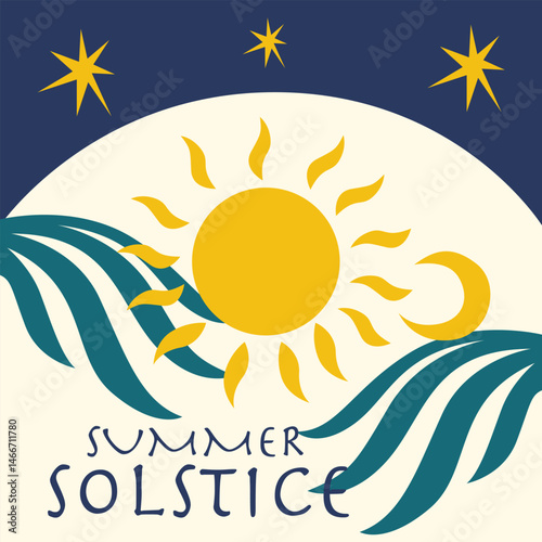 Summer Solstice greeting cards with sun, flowers, stars, lettering. Vector illustration in Scandinavian folk style. Mystical summer holiday background designs for postcards, posters, wall art