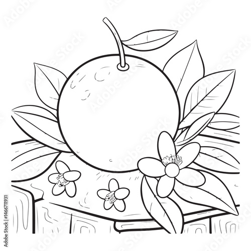  Coloring page of a ripe orange with flowers and leaves, perfect for fruit and nature-related content.
