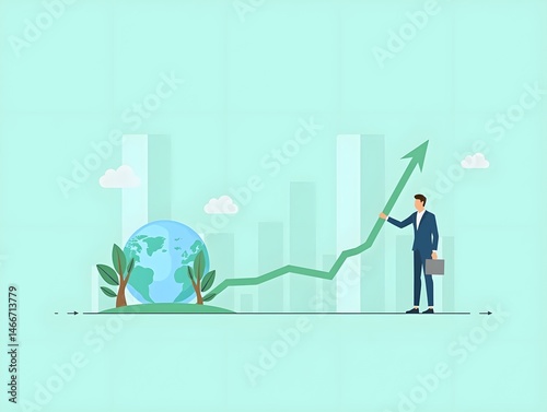 Businessman with global sustainability concept flat design showing CSR progress slider illustration