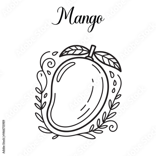 Coloring page of a ripe mango with leaves, perfect for fruit and nature-related content.