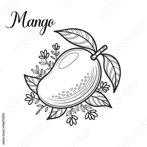 Coloring page of a ripe mango with leaves, perfect for fruit and nature-related content.