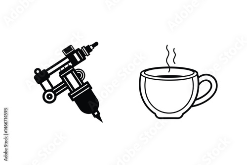 Vector illustration of a tattoo gun and a steaming coffee cup concept design