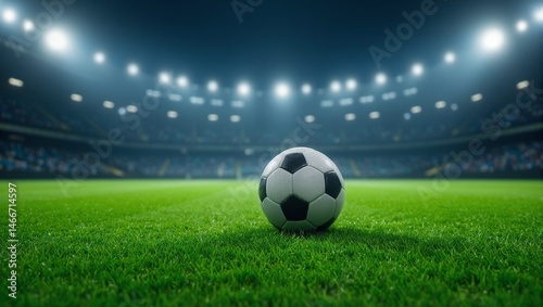 Football on grass in stadium lights