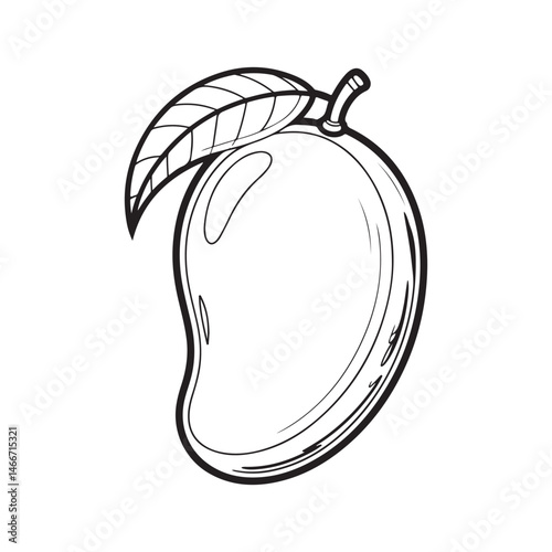 Coloring page of a ripe mango with leaves, perfect for fruit and nature-related content.