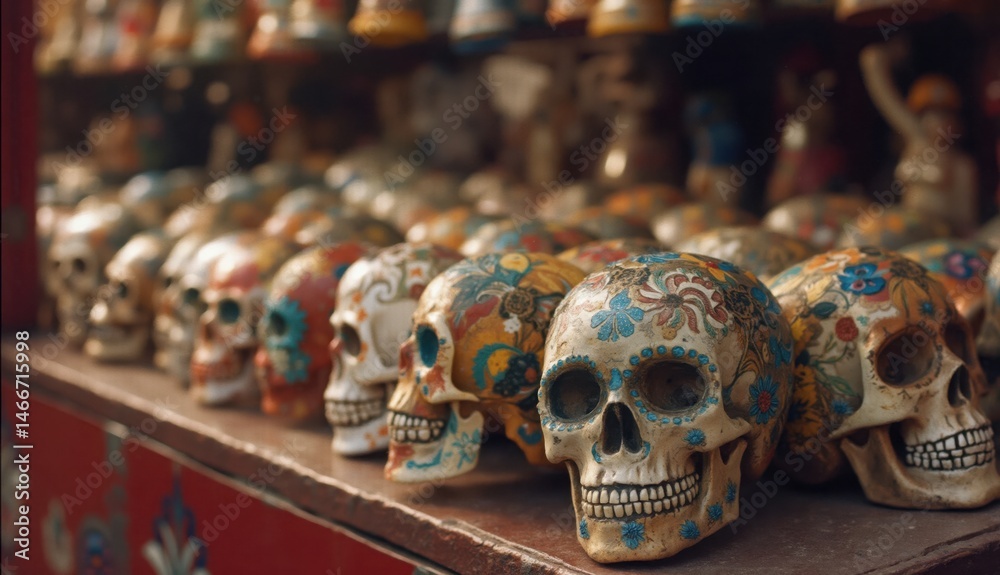 Fototapeta premium Rows of hand-painted sugar skulls with intricate designs are neatly arranged on a traditional market stall for sale during Day of the Dead celebrations in Mexico