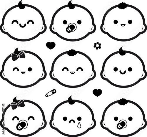 Baby care line icon set. Cute newborn baby icons. Happy newborn baby infant signs, boys and girls children symbols. Outline icon collection. Vector Illustration