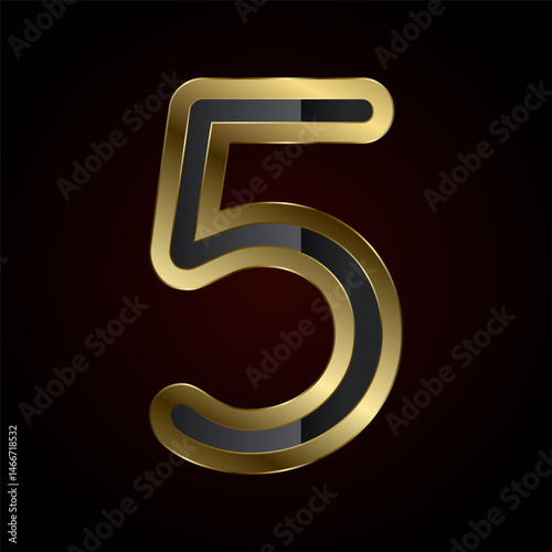 A luxurious number Five is crafted with a rich gold outline and sleek black interior, radiating elegance and high-end design of vector, illustration