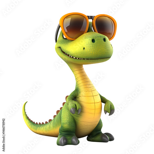 Playful Cartoon Dinosaur Wearing Sunglasses Isolated on Transparent Background