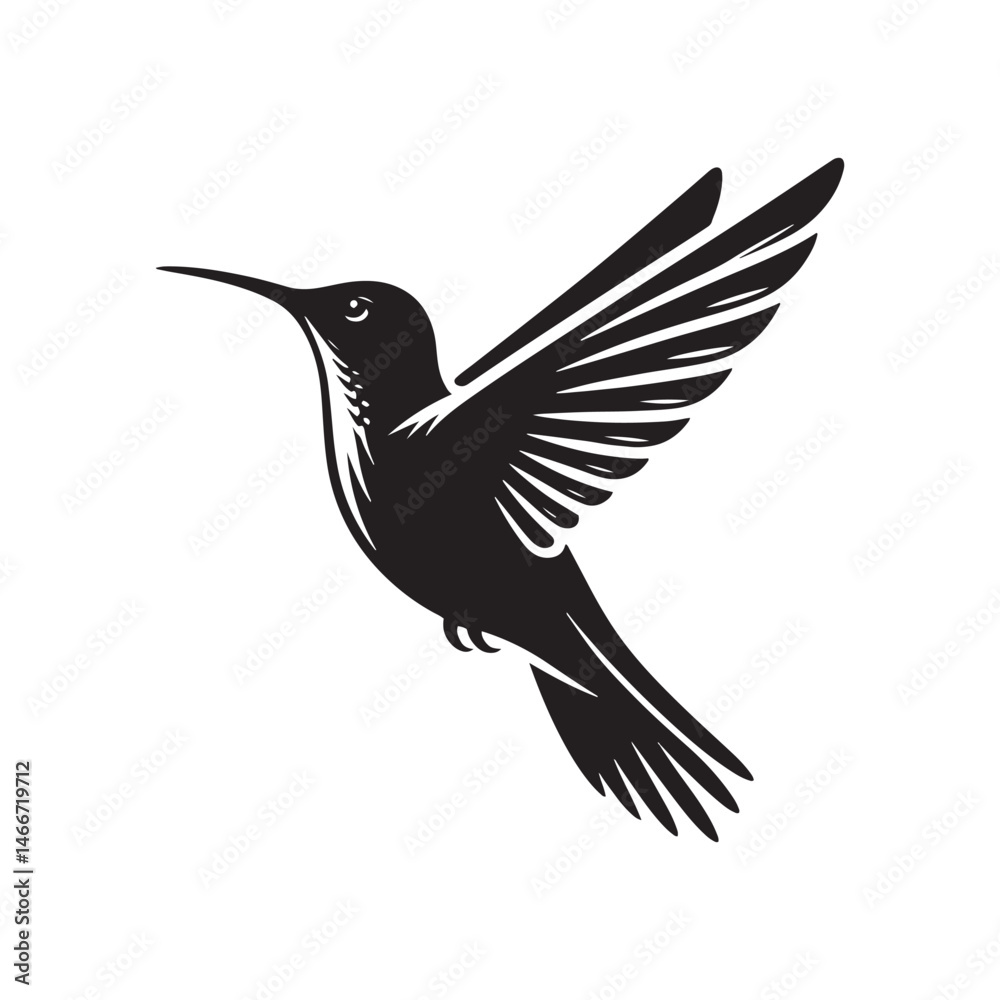 Obraz premium Hummingbird Vector Silhouette, Elegant Avian Design, Delicate Wings in Motion, Nature-Inspired Bird Art, Tiny Bird Illustration, Flying Jewel. 