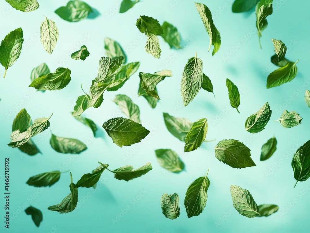 Fresh Green Spearmint Leaves Falling Isolated on White Background Fresh Green Spearmint Leaves Falling Isolated on White Background