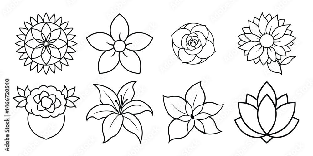 Diverse flower outline illustrations line art set